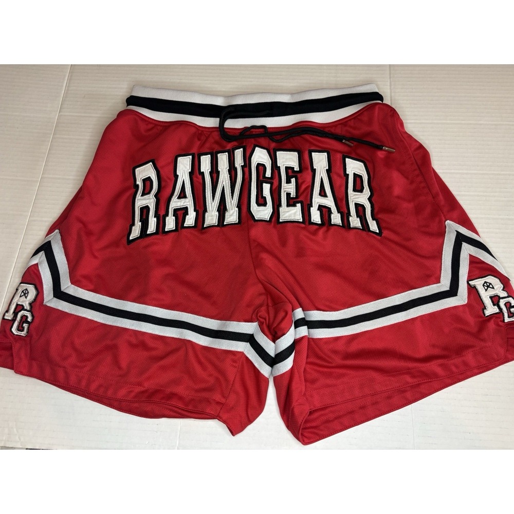 RAW GEAR Shorts Mens Small Red White Drawstring Athletic Gym Big Logo Spell Out